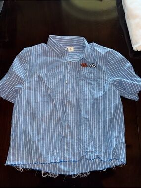Hollister Blue and White Vertical Stripe Short-Sleeve Button Shirt